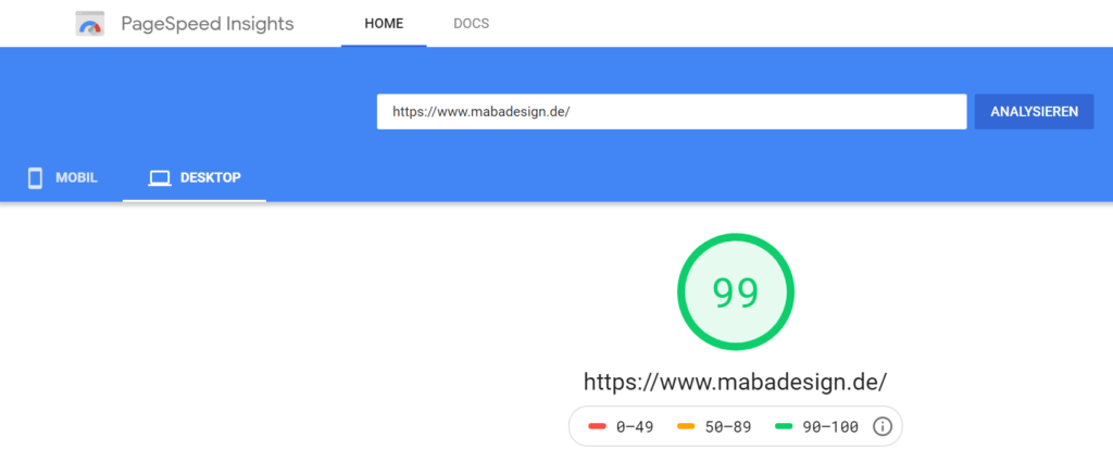 Bild von Pagespeed mabadesign Webseite auf dem Desktop